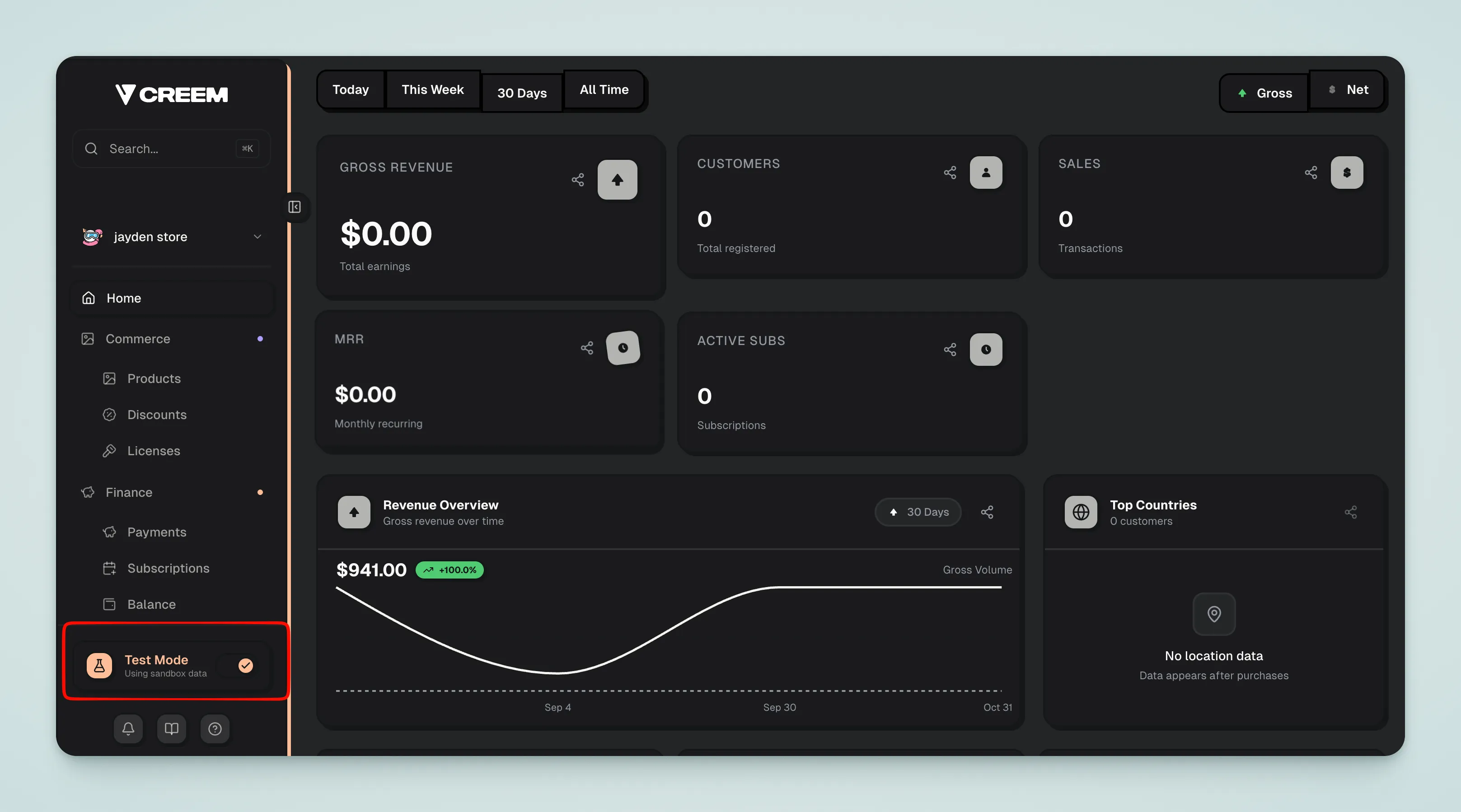Creem Test Mode